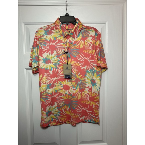 Size S Chubbies Men's Coral Floral The P.I. Performance Polo 2.0 Shirt NEW - Picture 1 of 4